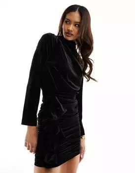 Черное платье мини со сборками и воротником-хомутом River Island