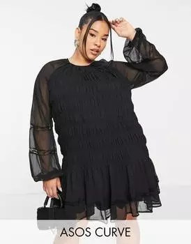 Черное платье мини со сборками и кружевными вставками ASOS DESIGN Curve