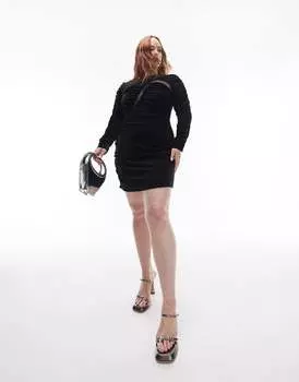 Черное платье мини со сборками из бархата и сетки Topshop