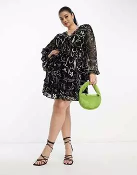 Черное платье мини со звездами и пуговицами на пуговицах ASOS DESIGN Curve