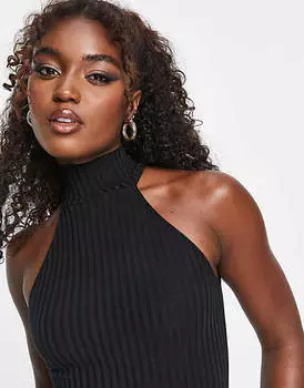 Черное платье мини в рубчик без рукавов с высоким воротником Miss Selfridge