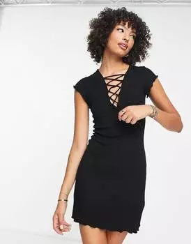 Черное платье мини в рубчик с короткими рукавами и решеткой спереди ASOS DESIGN