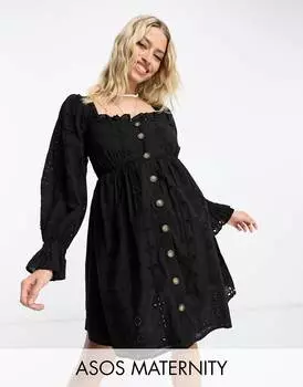 Черное платье на пуговицах с квадратным вырезом ASOS DESIGN Maternity Exclusive ASOS Maternity