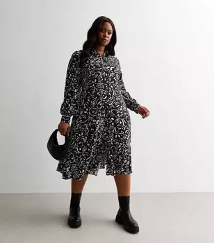 Черное платье-рубашка миди Curves с абстрактным цветочным принтом New Look, черный