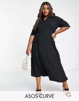 Черное платье-рубашка миди на пуговицах ASOS DESIGN Curve