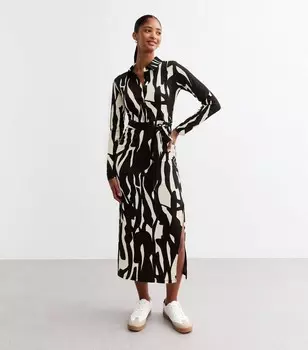 Черное платье-рубашка миди с абстрактным принтом New Look, черный