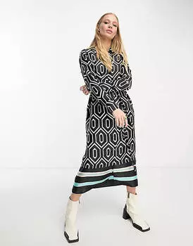 Черное платье-рубашка миди с длинными рукавами и геопринтом River Island