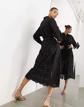 Черное платье-рубашка миди с кулиской и вышивкой по низу ASOS EDITION