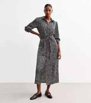 Черное платье-рубашка миди с поясом и геометрическим узором New Look, черный