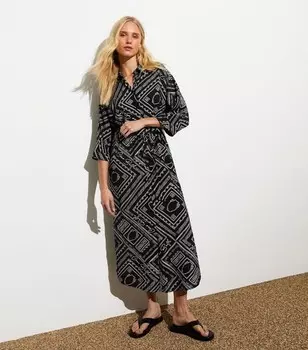 Черное платье-рубашка миди с поясом и узором New Look, черный