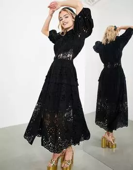 Черное платье-рубашка миди с присборенной талией и пышными рукавами ASOS EDITION