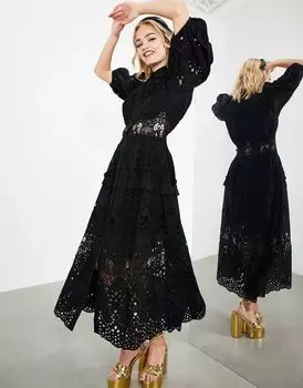 Черное платье-рубашка миди с завышенной талией и пышными рукавами ASOS