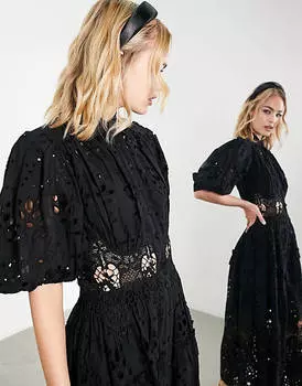 Черное платье-рубашка миди с завышенной талией и пышными рукавами ASOS EDITION