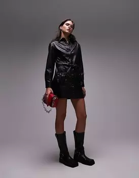 Черное платье-рубашка мини из мягкой искусственной кожи Topshop