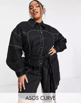 Черное платье-рубашка мини из твила с изогнутой кокеткой ASOS DESIGN Curve