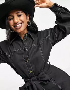Черное платье-рубашка мини из твила с кокеткой ASOS DESIGN
