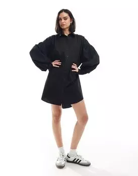 Черное платье-рубашка мини с объемными рукавами ASOS DESIGN Ultimate бойфренд