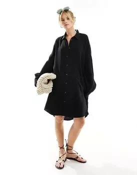 Черное платье-рубашка оверсайз с карманами из двойной ткани ASOS DESIGN