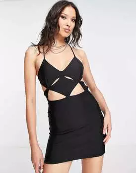 Черное платье с бретелями и вырезами Bershka