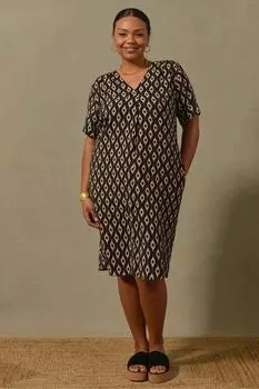 Черное платье с короткими рукавами и принтом Curve Ikat Live Unlimited, черный