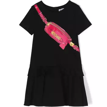 Черное платье с принтом поясной сумки и рюшами Moschino, черный