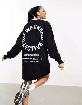 Черное платье с воротником на молнии и круглым логотипом ASOS Weekend Collective