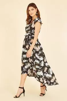 Черное платье с запахом и глубоким подолом с цветочным принтом Mela, черный