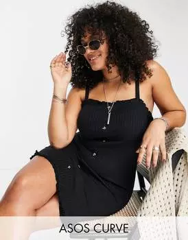Черное платье в рубчик с мини-пуговицами ASOS DESIGN Curve и оборками по подолу ASOS DESIGN