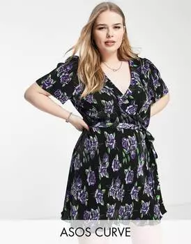 Черное плиссированное мини-платье с короткими рукавами и рюшами ASOS DESIGN Curve