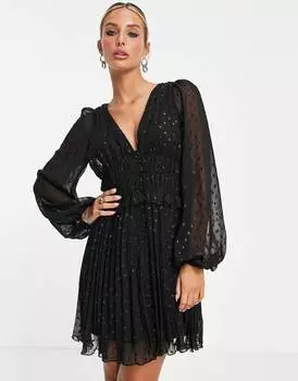 Черное плиссированное мини-платье с пуговицами и рюшами на талии ASOS DESIGN ASOS DESIGN