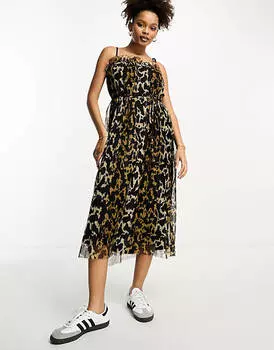 Черное плиссированное платье миди с леопардовым принтом River Island