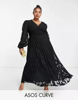 Черное плиссированное платье миди с присборенной талией и пуговицами ASOS DESIGN Curve