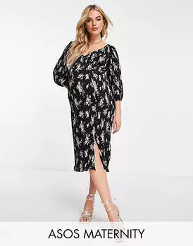 Черное плиссированное платье миди с пуговицами ASOS DESIGN Maternity с белым цветочным принтом на основе