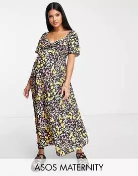 Черное плиссированное платье миди с узлом и цветочным принтом ASOS DESIGN Maternity