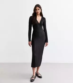 Черное плиссированное платье-миди с V-образным вырезом и длинными рукавами New Look, черный