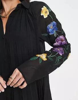 Черное плиссированное платье-рубашка миди с вышитыми рукавами ASOS DESIGN Tall