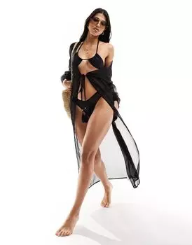 Черное пляжное кимоно макси с длинными рукавами South Beach