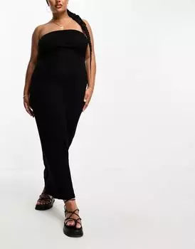Черное пляжное платье макси без бретелек в рубчик ASOS DESIGN Curve