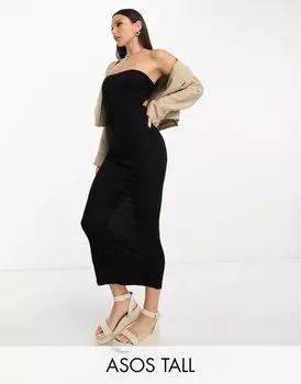 Черное пляжное платье макси без бретелек в рубчик ASOS DESIGN Tall