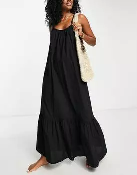 Черное пляжное платье макси на бретельках с заниженной кромкой ASOS DESIGN