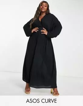 Черное пляжное платье макси с глубоким вырезом и длинными рукавами ASOS DESIGN Curve