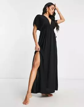 Черное пляжное платье макси с короткими рукавами и кулиской на талии ASOS