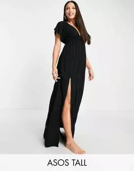 Черное пляжное платье макси с рукавами-крылышками ASOS DESIGN Tall