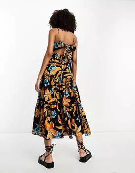 Черное пляжное платье макси с тропическим принтом River Island