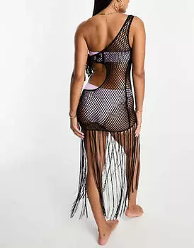 Черное пляжное платье миди на одно плечо с бахромой ASOS DESIGN