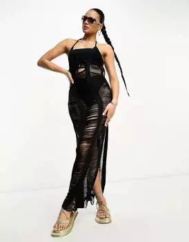 Черное пляжное платье с глубоким вырезом и лестницей ASYOU