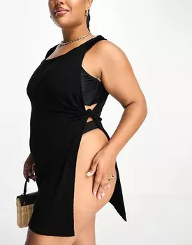 Черное пляжное платье в рубчик с завязками ASOS DESIGN Curve