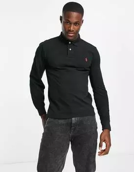 Черное поло узкого кроя с длинными рукавами и логотипом игрока Polo Ralph Lauren