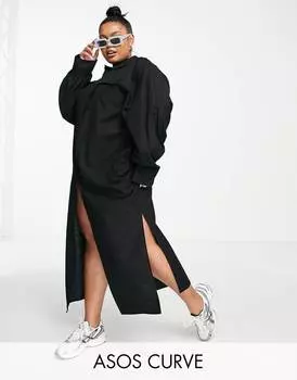 Черное повседневное льняное платье-рубашка макси ASOS DESIGN Curve