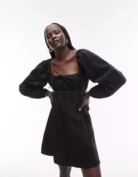 Черное повседневное платье Topshop из поплина с декоративной строчкой